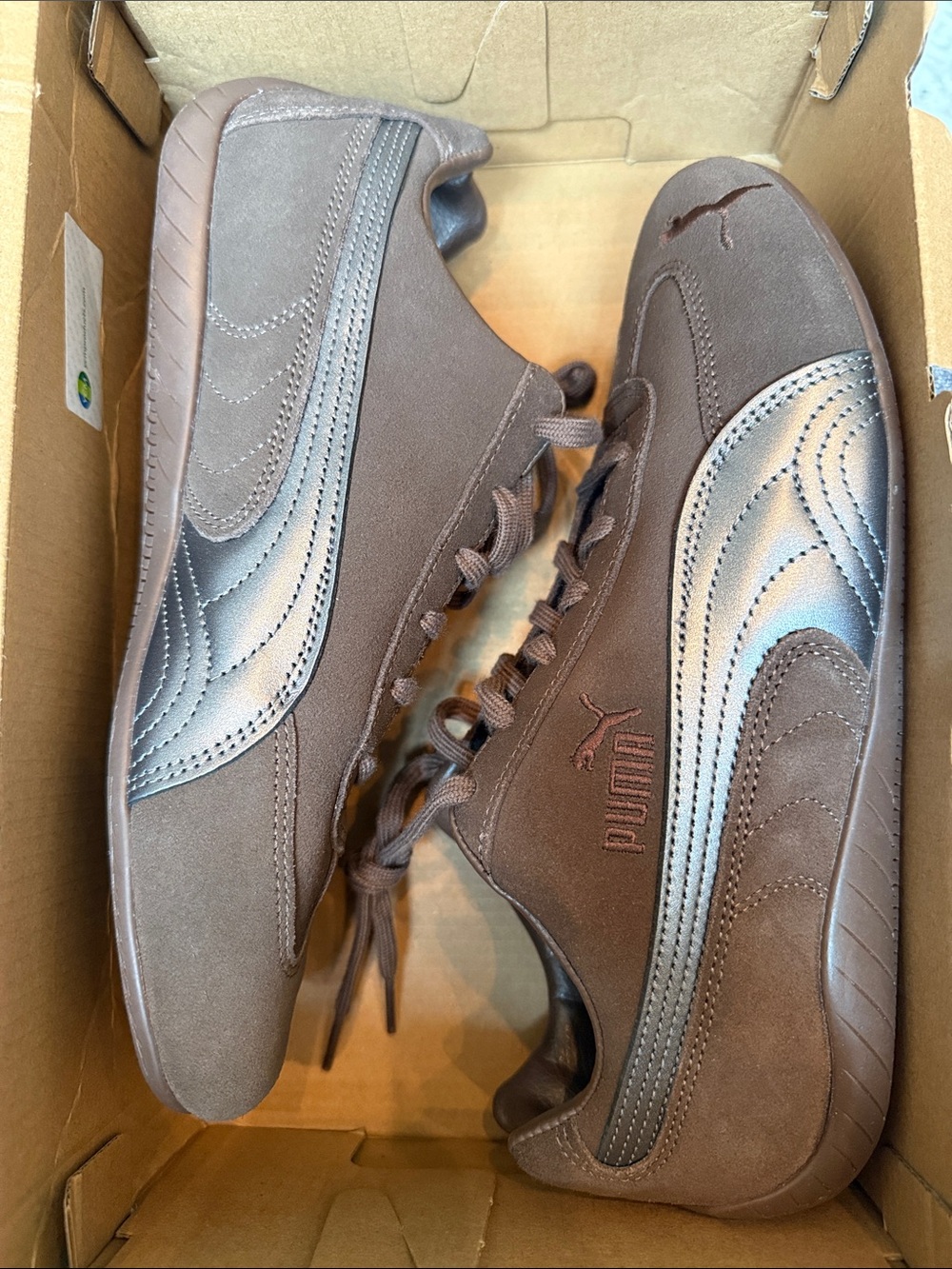 Puma Brown Suede Low-Profile Sneakers with Metallic Accent